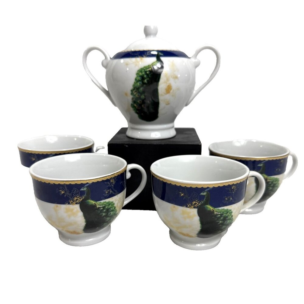 4 Savoy Home Blue Peacock Coffee Cups Mugs + Sugar Bowl